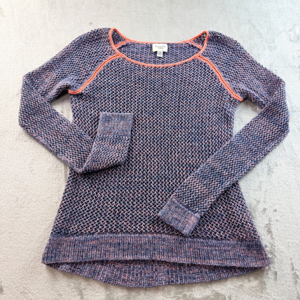 American Eagle Outfitters Women's Medium Blue Pink Open Knit Crochet Sweater